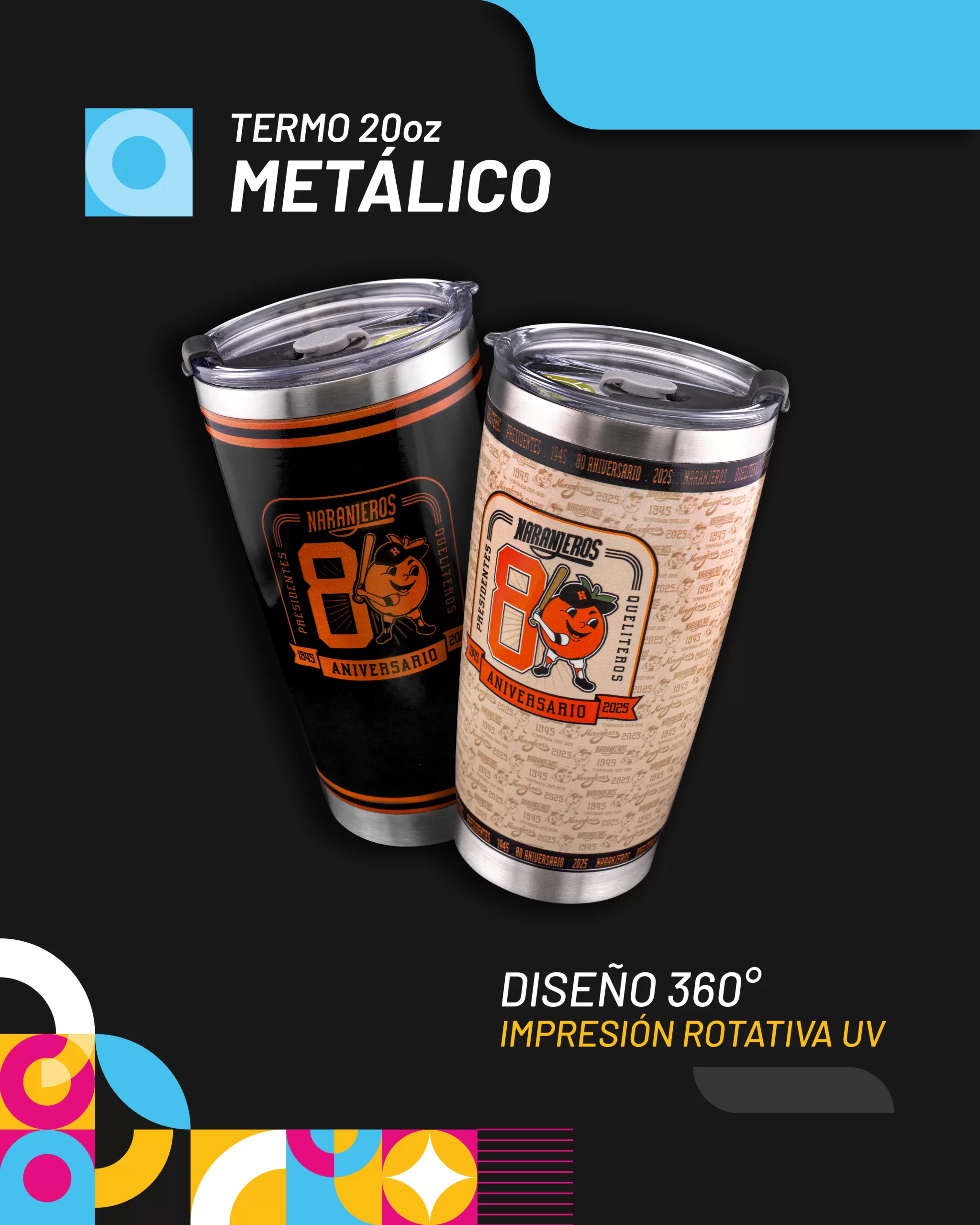 Termo metálico personalizado 20oz, diseño 360° con impresión rotativa UV